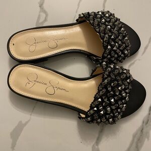 Jessica Simpson Black Crystal-Embellished Slide Mules